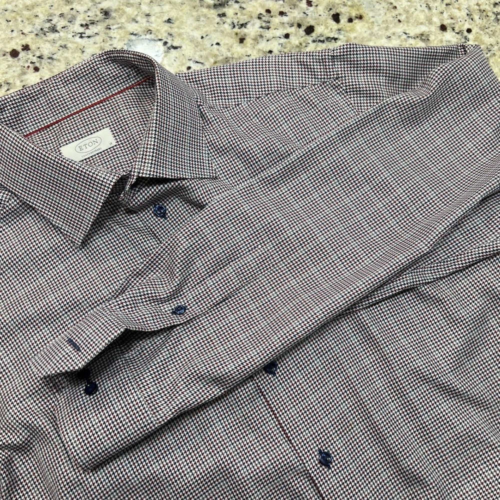 Eton Contemporary Fit Dress Shirt Mens 18 46 Burgundy Navy Micro Houndstooth LS